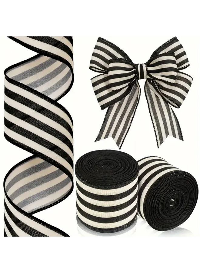 Black And White Striped Christmas Ribbon With Wire For Holiday Decorations And Gift Wrapping - Image 1